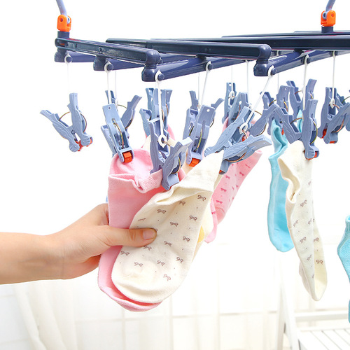 29-clip roller second-fold clothes drying rack windproof multi-head foldable telescopic multi-functional plastic creative clothes drying rack
