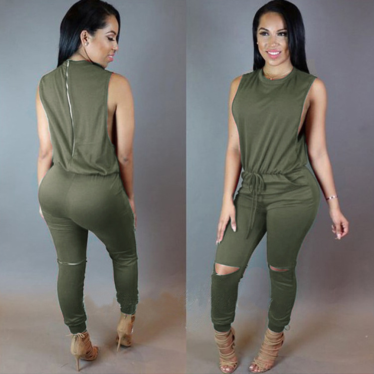 European and American women's Sleeveless drawstring cut out sexy Jumpsuit