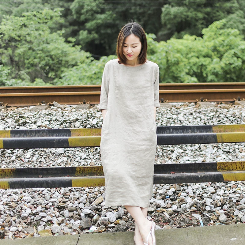 Женское винтажное платье средней длины с круглым вырезом, со свободной талией и мятым эффектом, платье средней длины, Новинка лета 2020