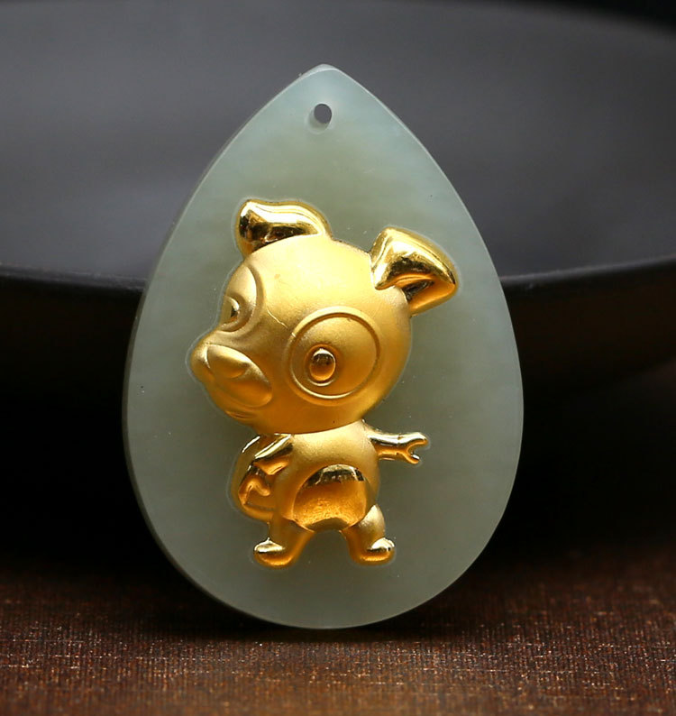 (2개) 천연 신장 HETIAN JADE 상감 천 피트 금 조디악 펜던트 4D 금 상감 옥 조디악 펜던트 도매