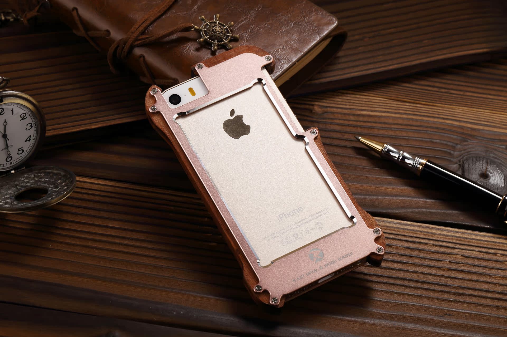R-Just Light Slim Timber Aluminum Metal Wood Bumper Case Cover for Apple iPhone 5S/5/SE