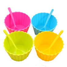塑料沙拉碗帶勺 可愛花邊水果碗冰淇淋碗 四色可選 廚房用品Y-87