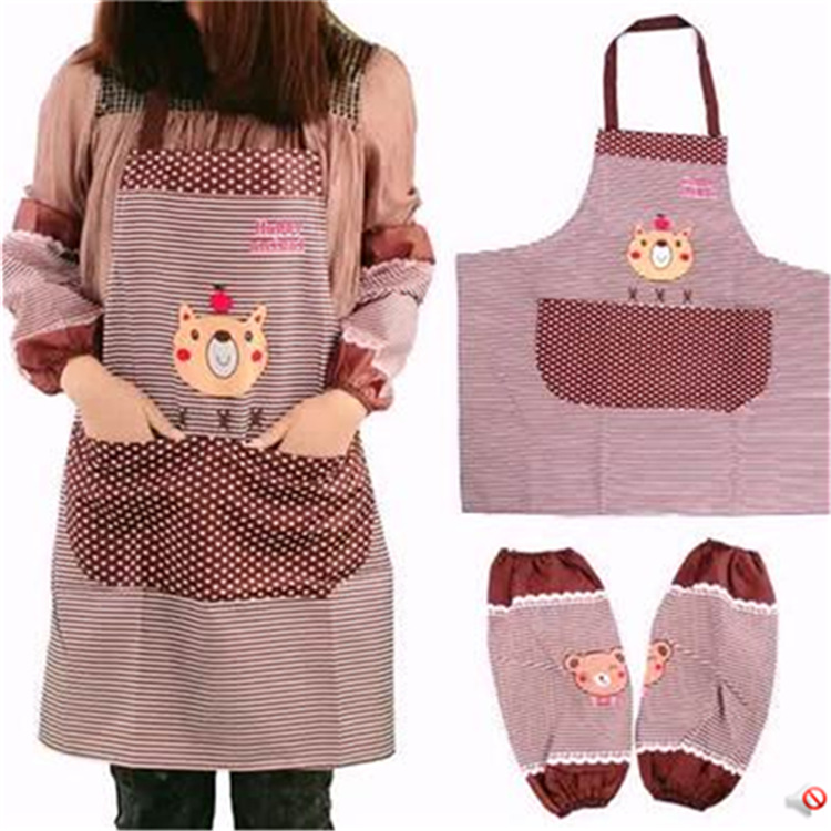 T韩版厨房围裙卡通小熊袖套 长袖 防水围裙套装 男女