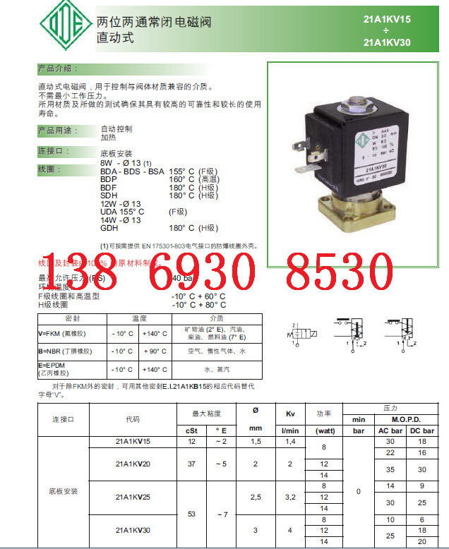 全新意大利ODE底板安装电磁阀21A1KV15