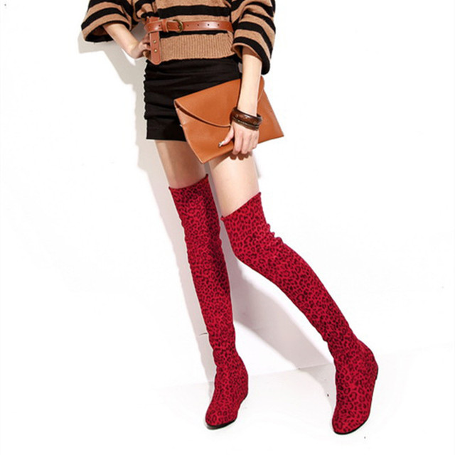 Spring and autumn leopard print knee high boots， elastic velvet high boots， flat bottomed Cavalier boots， large single b
