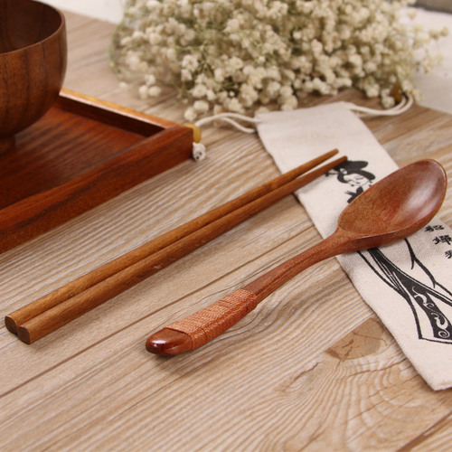 Japanese style log chopsticks spoon set student portable creative tableware engraved chopsticks gift set