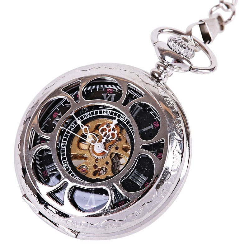 大号粗链花瓣镂空怀表一件代发古典雕刻花边纹理银色怀表2355|ms