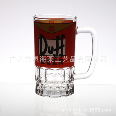 定制酒吧用品批发广告烤花印刷高透明水晶马克带手柄玻璃啤酒杯