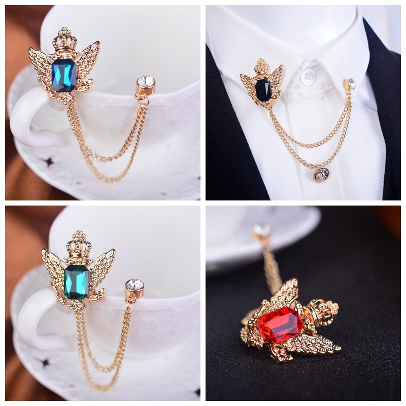 Korean Style Shirt Rhinestone Eagle Tassel Brooch Double Eagle Corsage Collar Pin Male Temperament Diamond-encrusted Chain Collar Button Accessories
