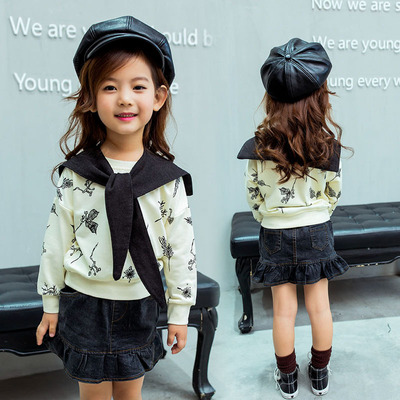 女童卫衣_2016秋季韩版女童印花卫衣搭牛仔裙