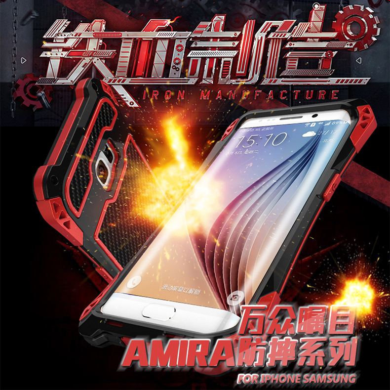 R-Just Amira Heavy Duty Dirtproof Shockproof Rainproof Aluminum Metal Bumper Carbon Fiber Back Cover Case for Samsung Galaxy S6 Edge Plus G9280