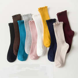 花边松罗口袜子新款全棉糖果色多色小清新批发女士木耳文艺堆堆袜