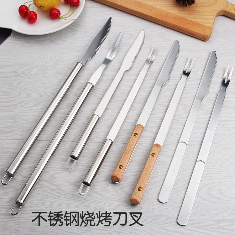 不锈钢餐具扁柄木柄不锈钢刀叉烧烤工具套装餐具可定制 logo