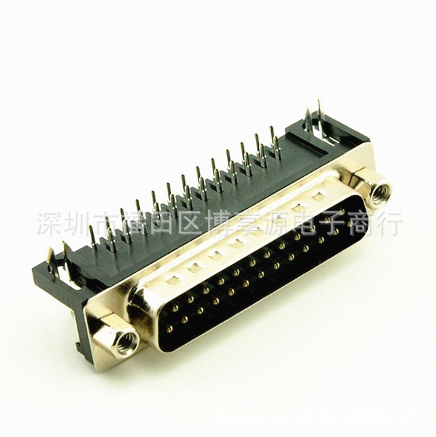 DR25公头 90度弯脚 D-SUB插板式 DB25PIN针串口公座叉锁连接器