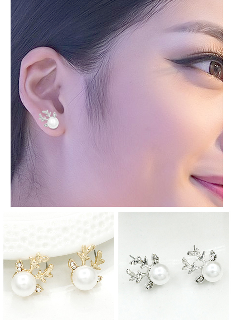 Fashion Micro-set Pearl Antlers Earrings Simple Deer Head Elegant Earrings Deer Earrings display picture 7