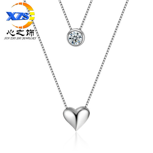 Heart-shaped double-layer necklace for women, one heart and one diamond, Korean style fashionable temperament necklace, versatile accessories, short clavicle chain