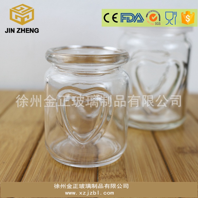 心形对称浮雕卡口圆柱直筒透明无铅优良高白料布丁果酱玻璃罐/瓶