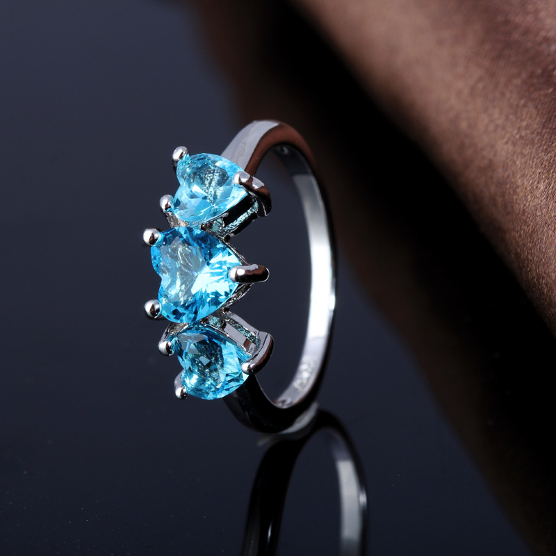European and American popular simple three love heart light blue crystal Zircon ring silver plated White Gold hand inlaid ring