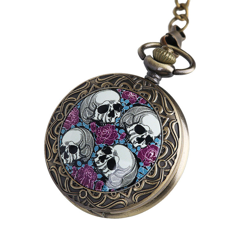 Large ceramic face flower skull pocket watch classical purple flower four skull ghost head retro pocket watch manufacturers wholesale