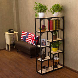 美式实木置物书架客厅隔断层板铁艺展示柜饰品落地墙壁收纳架格架