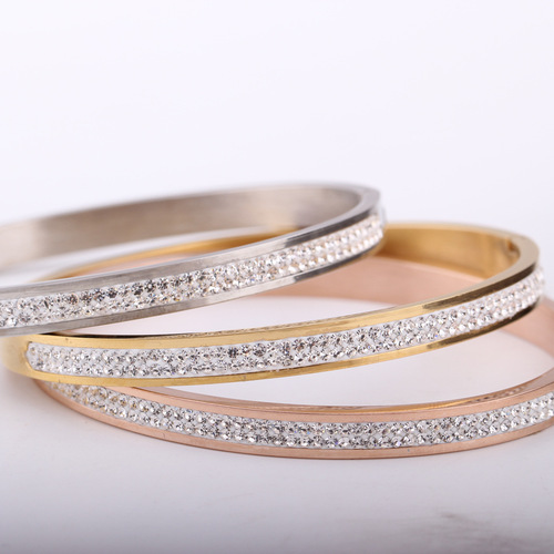 Korean version of new ladies stainless steel bracelet with diamonds, simple and fashionable two rows of diamond 304 titanium steel bracelet for women
