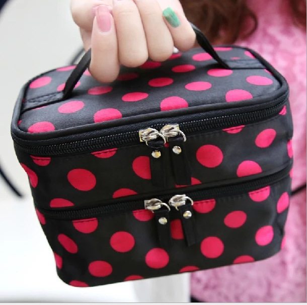 New Big Dot Double Layer Cosmetic Bag Polka Dot Storage Bag Wash Bag Handbag Waterproof