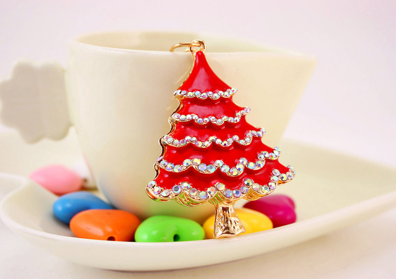 38g Weight Alloy, Metal Material Flower Pattern Unisex Gender Red, Green, Black Color Korean Oil Crafts Diamond-studded Christmas Tree Car Metal Pendant Bag Key Chain 6