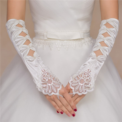 Satin lengthen Nail bead wedding marry glove bride Lace Banquet Wedding Accessories marry Hollow glove