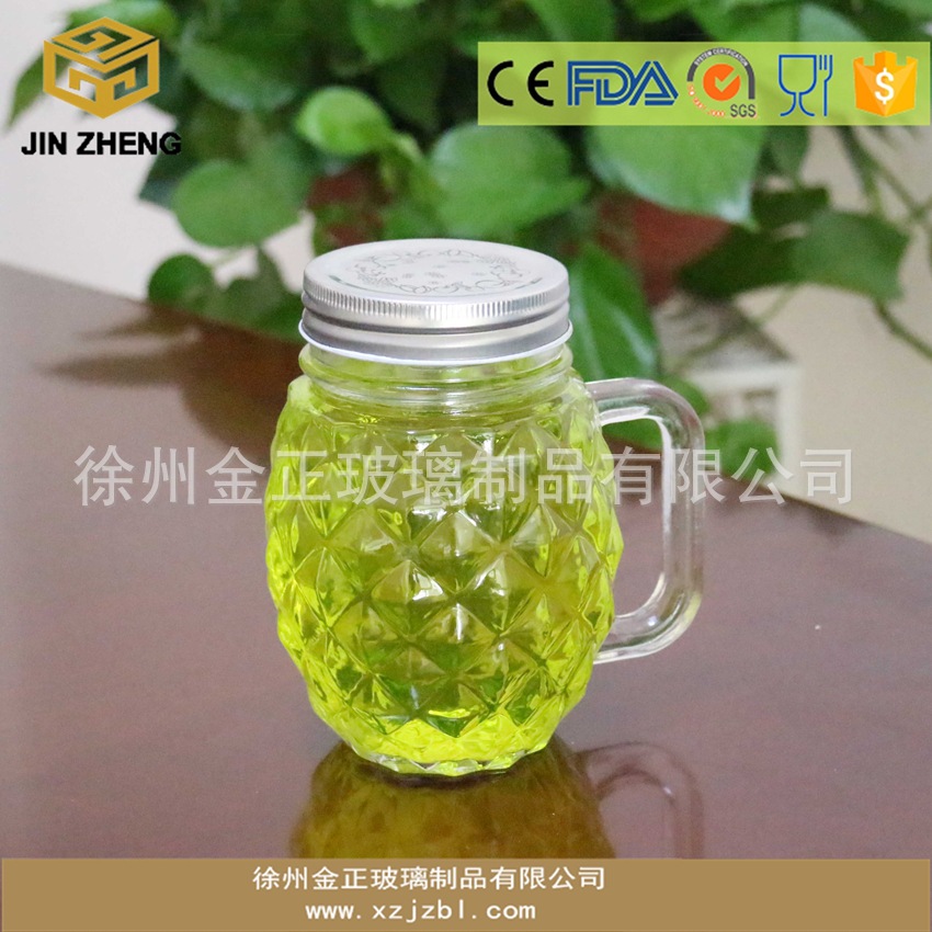 新款现货 480ml丝口梅森瓶 菠萝瓶 透明带手柄玻璃瓶 马口铁盖