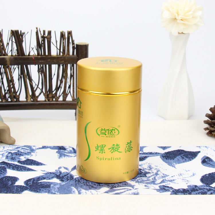 订制生产饮片药剂罐装 保健品铝瓶 黄色金属罐 螺旋藻包装