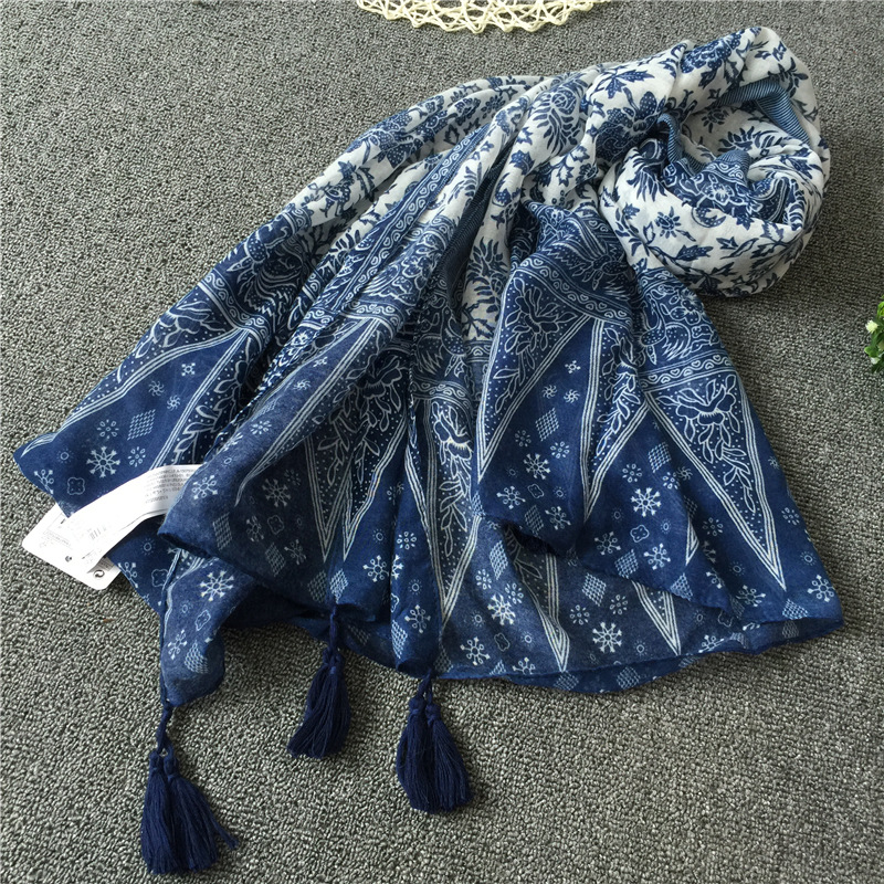 New Retro Ethnic Style Travel Silk Scarf Artistic Fresh Encryption Voile Blue And White Porcelain Tassel Scarf Shawl display picture 4