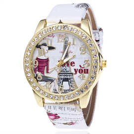 镶钻巴黎埃菲尔铁塔手表 时尚数字皮带女士手表 印花手表