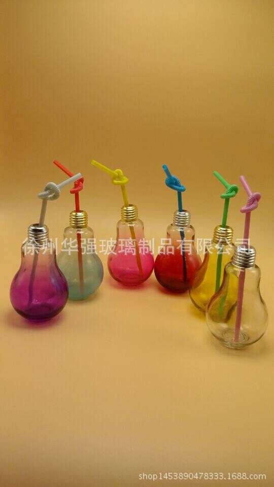 灯泡饮料瓶奶茶瓶 灯泡玻璃瓶 创意酸奶杯果汁奶茶店饮料瓶送吸管