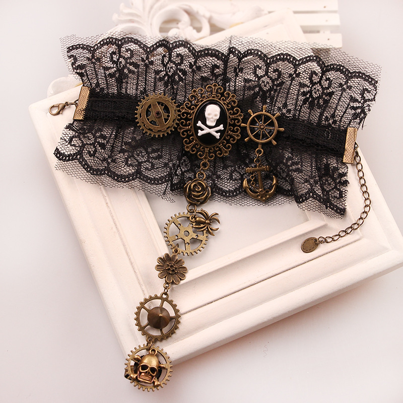 Vintage Style Punk Flower Skull Gear Alloy Lace Wholesale Bracelets display picture 3