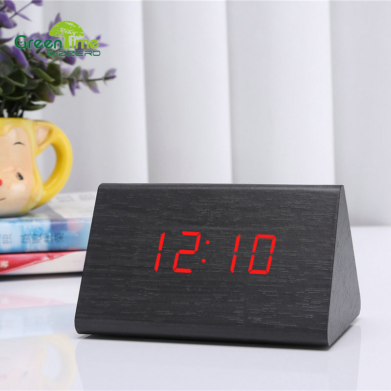 Triangle exquisite Triangle desktop Electronics Voice control LED Wooden bell originality wood alarm clock calendar