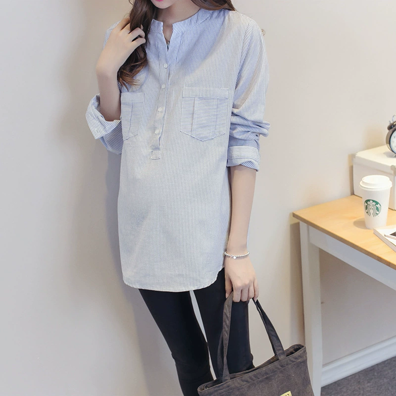 Весна и осень платье материнства корейский Стиль карманные полосатые беременных женщин рубашка с вертикальным воротником свежий художественный длинный рукав Топ Плюс Размер