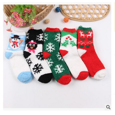 厂家批发秋冬珊瑚绒加厚女袜子带蝴蝶结半边绒地板袜毛巾圣诞袜子|ms