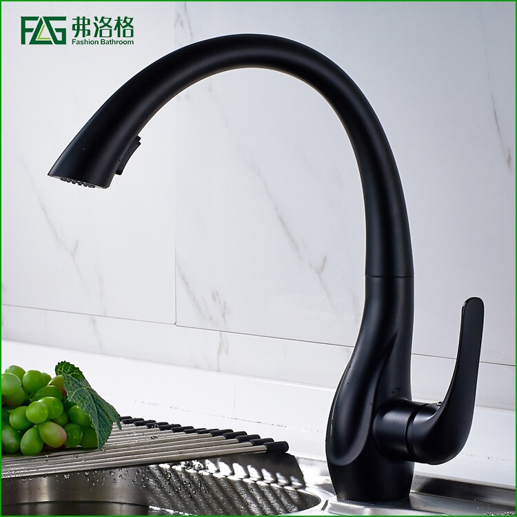 Bomei copper matte black pull-out faucet kitchen sink faucet rotatable faucet