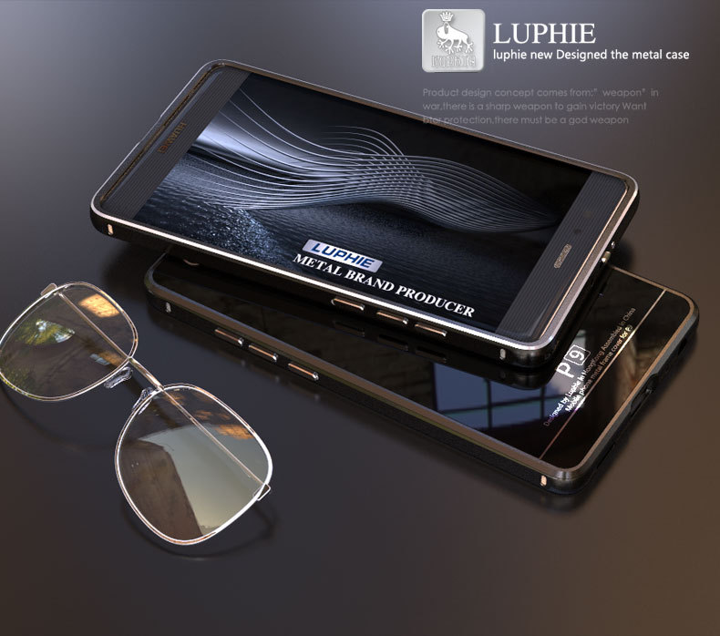 Luphie Aircraft Aluminum Metal Frame 9H Tempered Glass Back Cover Case for Huawei P9