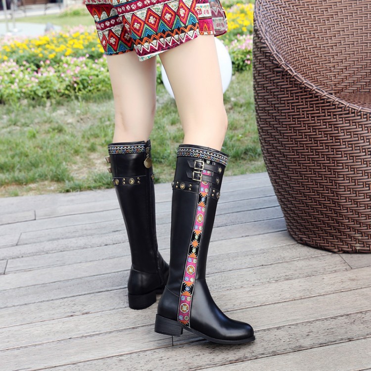 2016秋冬季新款民族風刺繡花邊皮帶扣騎士靴高筒靴子真皮女靴