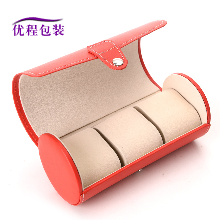 现货批发玫红色3位圆筒手表盒pu皮革圆形手表盒便携式首饰收纳盒