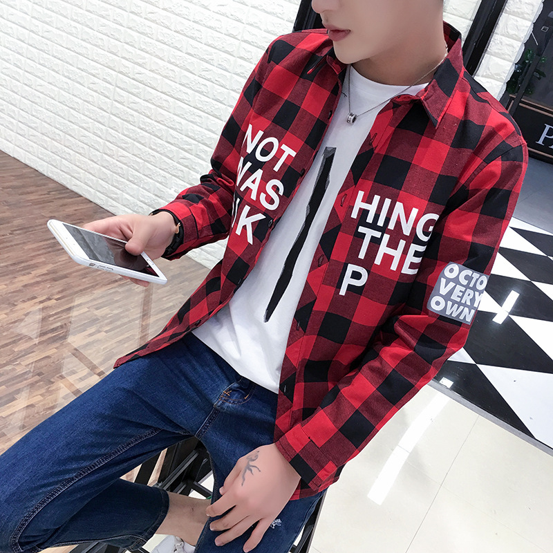 2023 Autumn New Hong Kong-style Slim-fit Letter Red Black Plaid Long-sleeved Shirt Printed Black and White Plaid Shirt Trendy Men