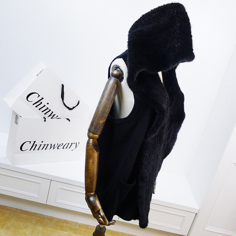 Chinweary出口韓國原單2017冬季水貂連帽針織背心黑色男女同款