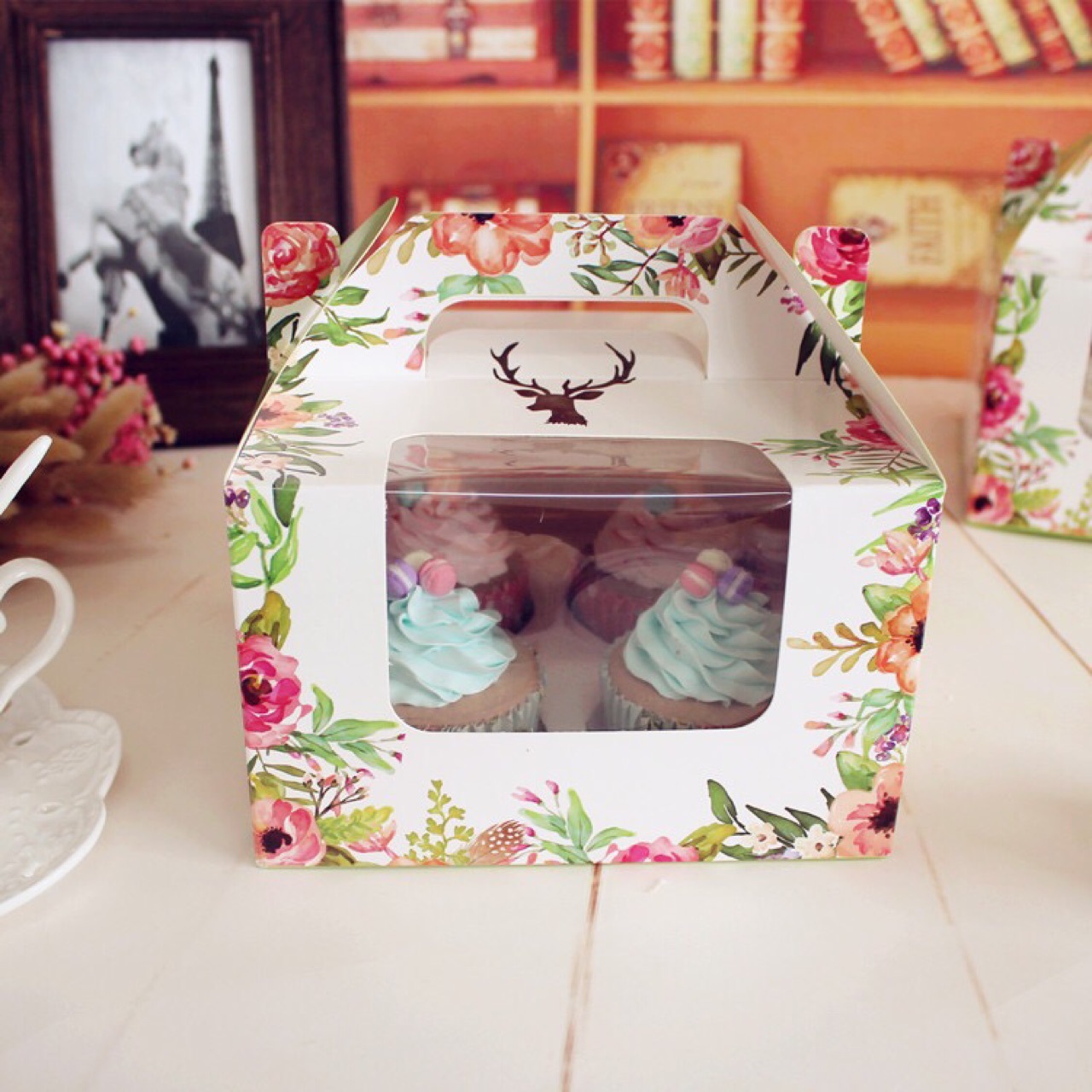 厂家直供 4格装绿色森林 淡紫色彼得兔杯子蛋糕盒马芬盒小西点盒