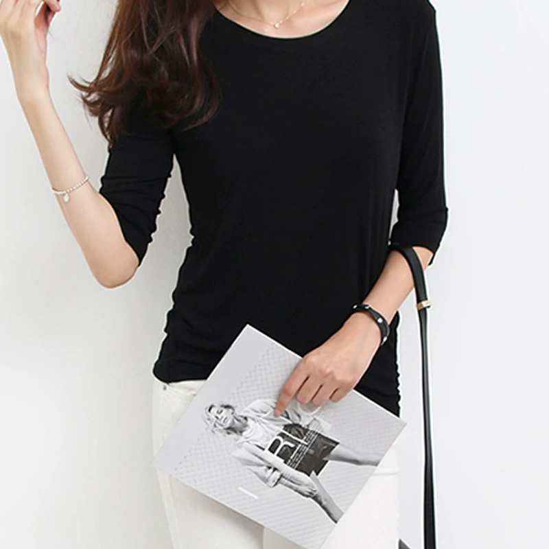 Однотонная женская футболка больших размеров с длинными рукавами и семью рукавами, Базовая рубашка из модала, Женский Топ, поколение 200 кг