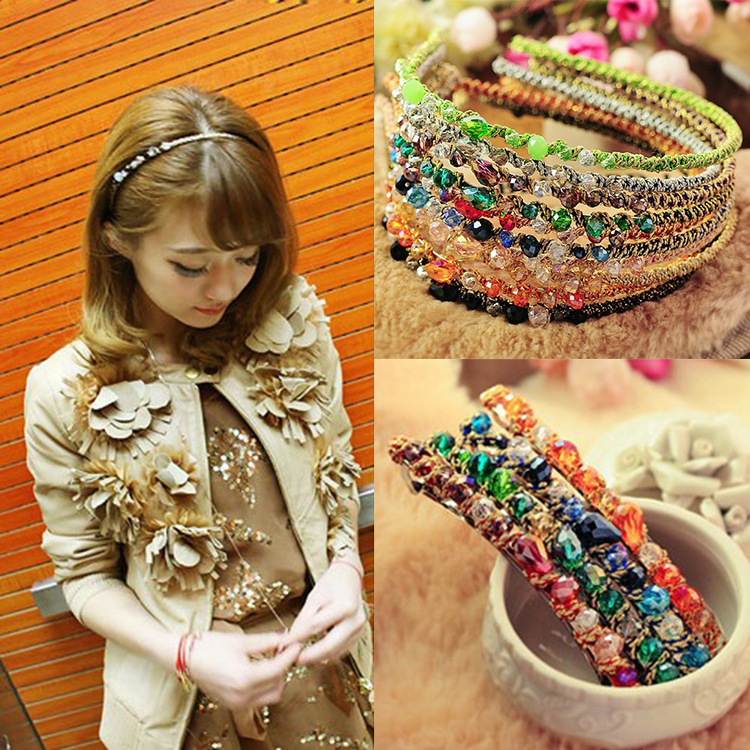 2561韩国饰品手工撞色多彩头饰不规则水晶金线发箍头箍一字夹批发
