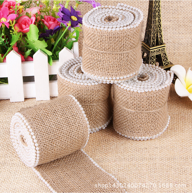 黄麻珍珠麻布卷 圣诞婚庆装饰麻布蕾丝卷 jute burlap ribbon