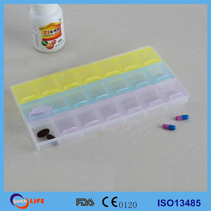 亚马逊高质量环保食品级塑料药盒 早中晚一周7天21格提醒药盒