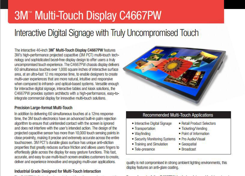 现货3M/C4667PW TFT彩色3M 46" MULTI-TOUCH DISPLAY原装正品