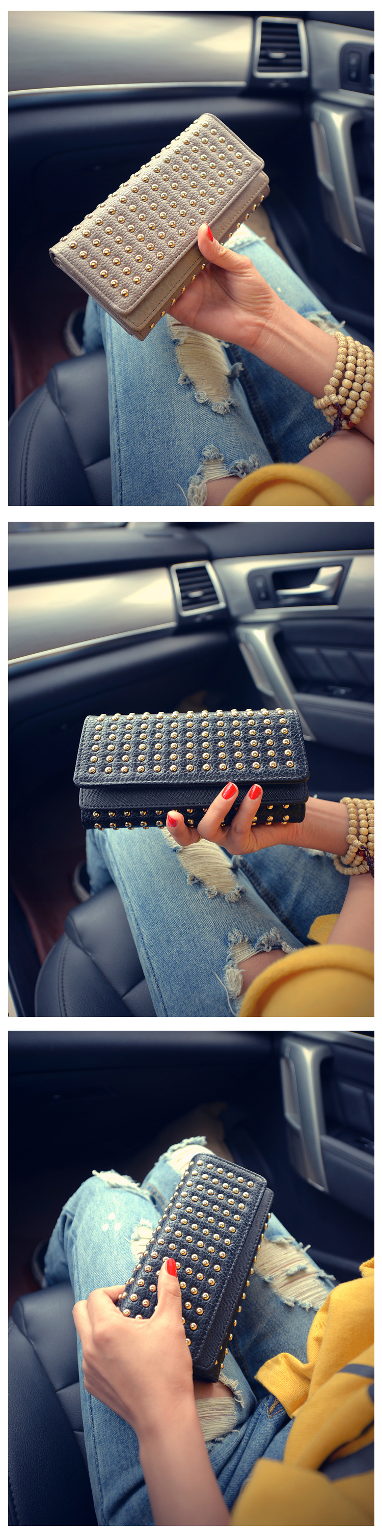 191g Weight Synthetic Leather Lining Material Flip Cover Closure Type Business Occasion Pu Leather Material Solid Color Pattern Women'S Gender Fashion Style Square Shape Grey, Black Color New Punk Style Fashion  Long Double Cover Wallet 2